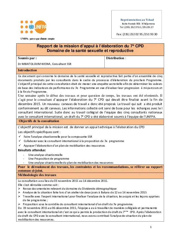 RAPPORT DE LA MISSION D’APPUI A L’ELABORATION DU 7EME CPD, DOMAINE DE LA SANTE SEXUELLE ET REPRODUCTIVE