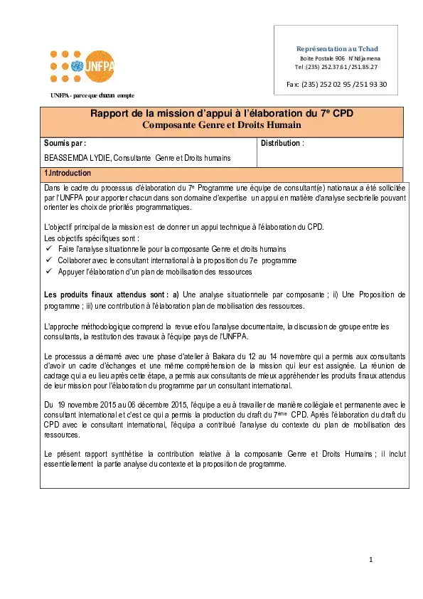 RAPPORT DE LA MISSION D’APPUI A L’ELABORATION DU 7EME CPD, COMPOSANTE GENRE ET DROITS HUMAINS